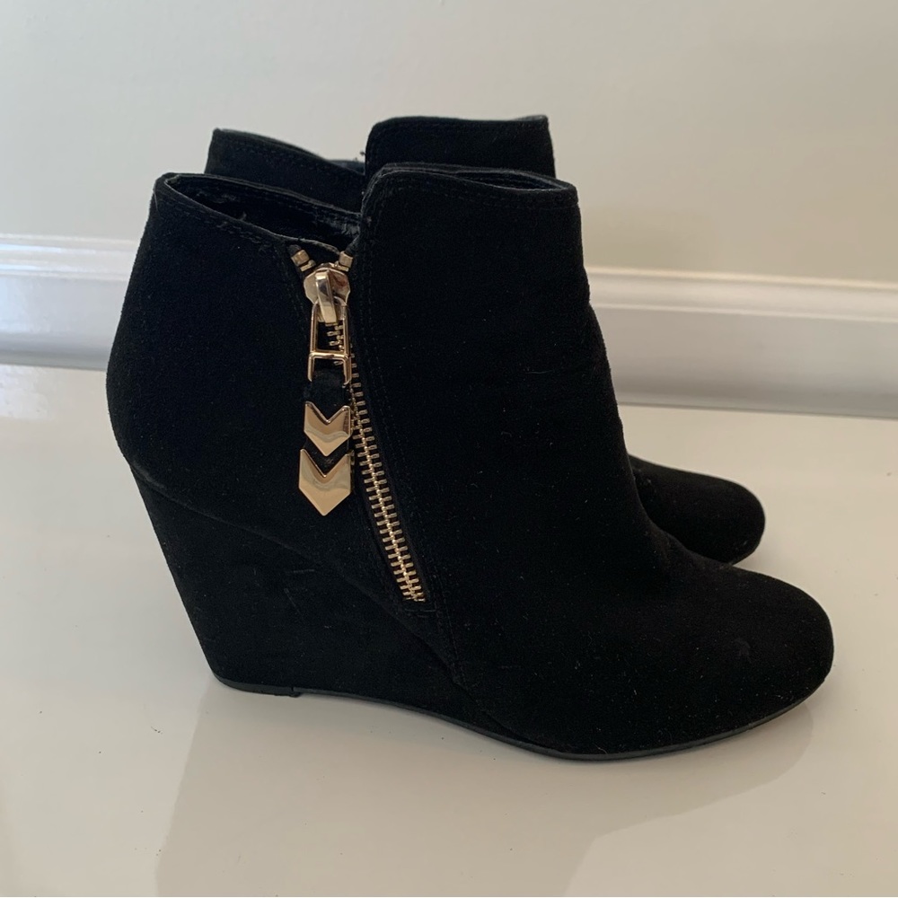 BCBG Black Suede Wedge Ankle Boots - 6.5 - 3.25in heel